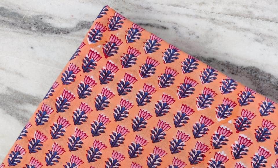 Hand Block Printed Cotton Fabric: Floral Design, Soft Material By The Yard