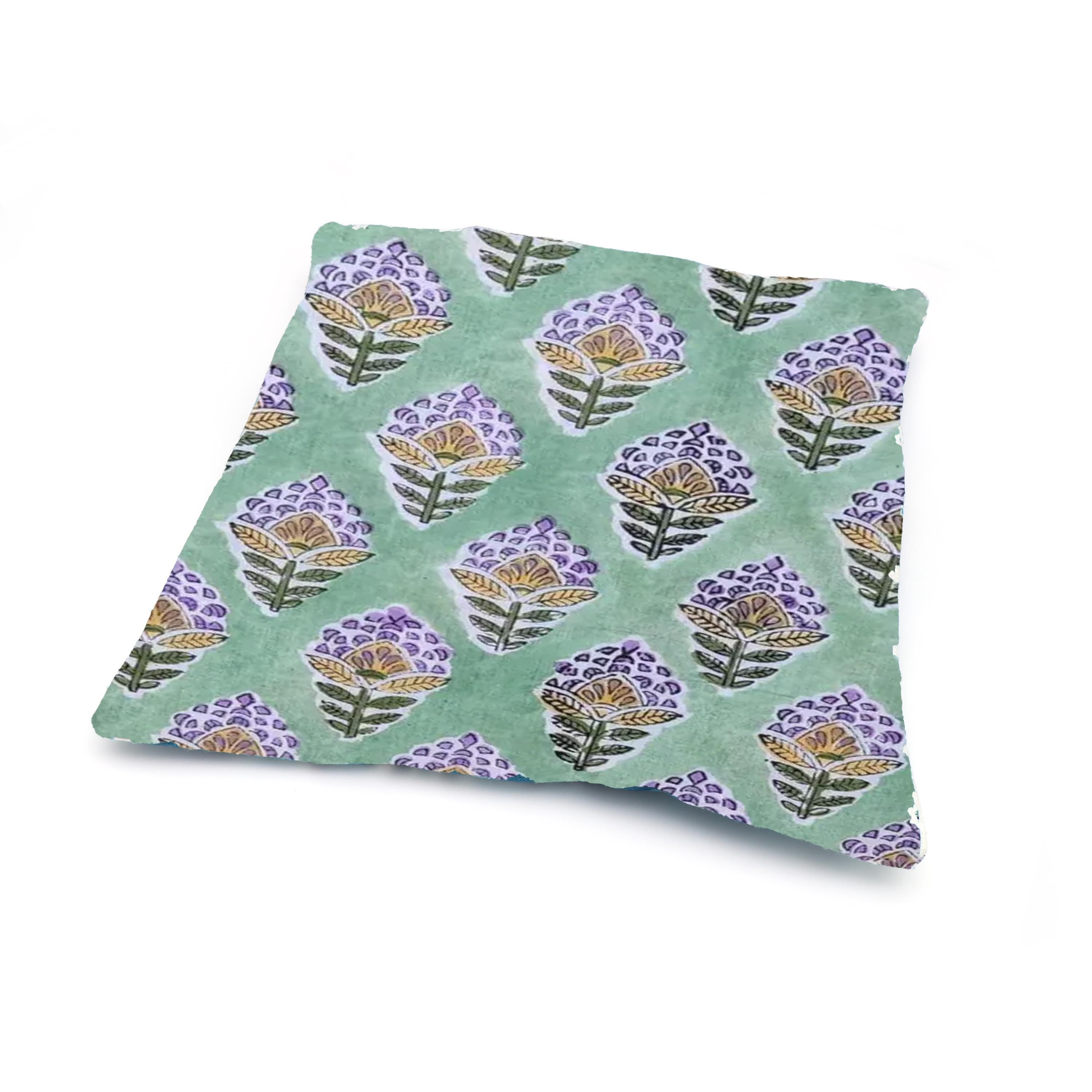 Hand Block Printed Cotton Cushion Cover, Green Floral Pillow Cover, Boho Decorative Throw Pillow, Handmade Cotton, Living Room Home Decor