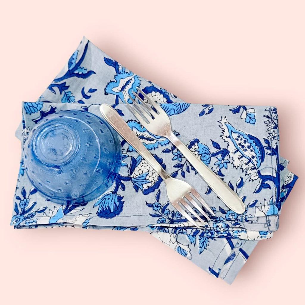 Blue Floral Hand Block Printed Cotton Napkins: Indian Dining Decor, Set of 4