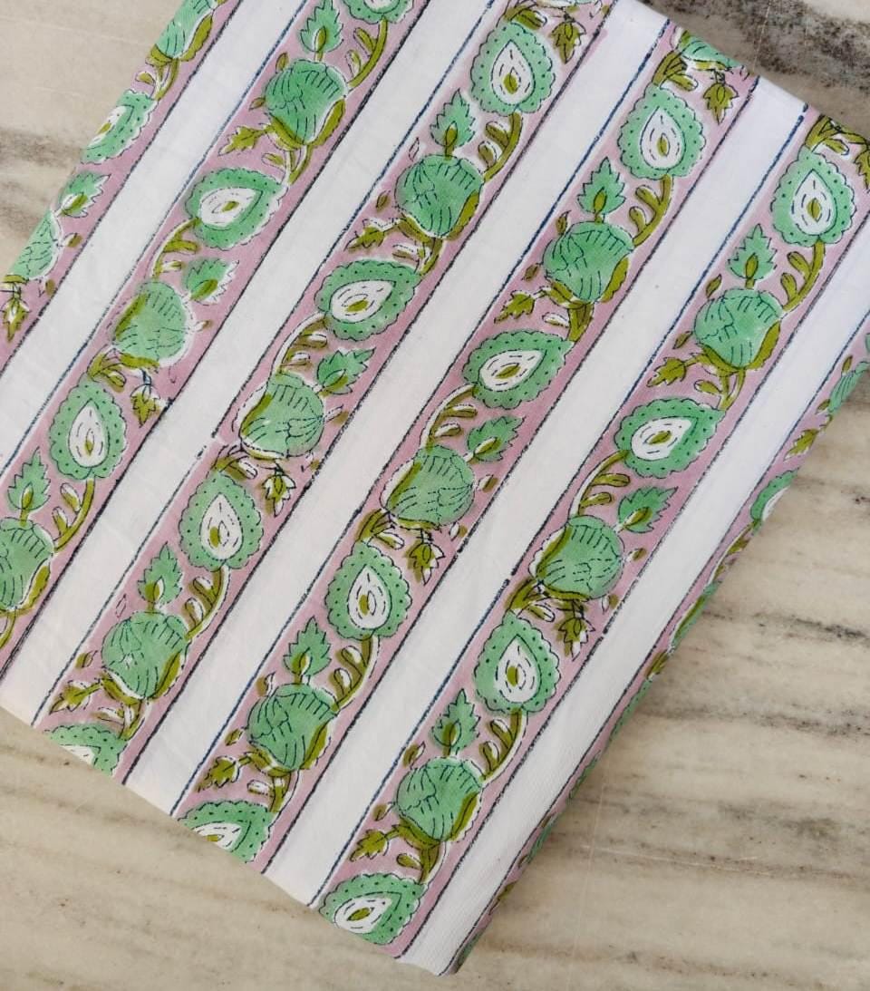 Green Pink Floral Stripe Cotton Fabric | Indian Hand Block Print Fabric | Soft Cotton by Yard | Summer Dress Fabric | Quilting Craft Fabric