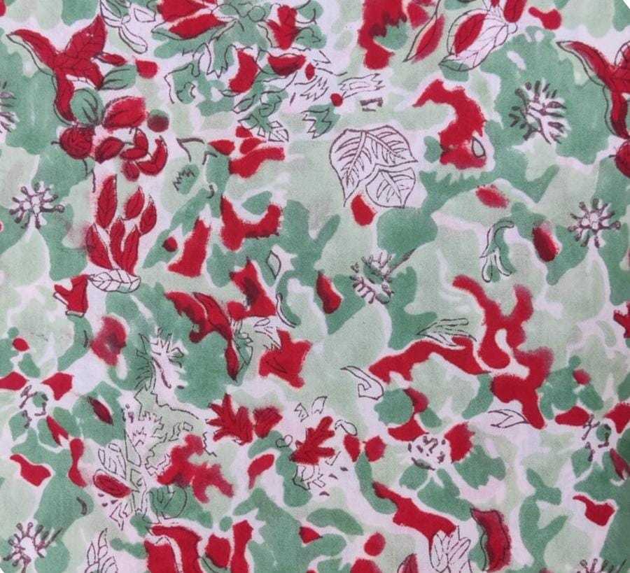 Hand Block Print Cotton Fabric: Red Green Floral Indian Sewing Material