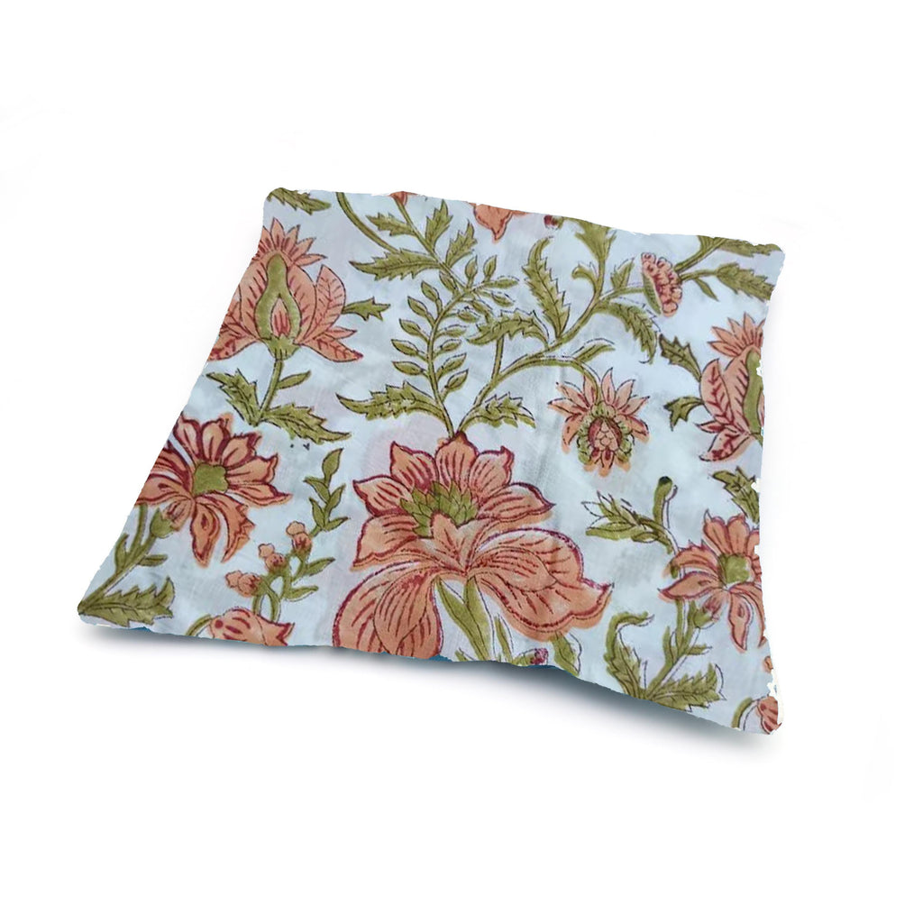 Floral Cotton Cushion Cover, Hand Block Print Pillow Cover, Peach Green Flower Print Throw Pillow, Boho Decorative Sofa Cushion, Home Decor