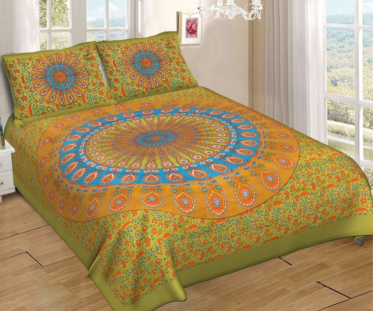 Mandala Cotton Bedsheet Queen Size Flat Sheet | Mandala Famous Cotton Double Bedsheet With 2 Pillow Covers | Couple Bedsheet Set