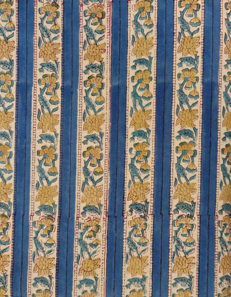 Blue Striped Floral Block Print Cotton Fabric, Indian Hand Block Print Fabric by Yard Boho Floral Stripe Cotton, Natural Cotton Dress Fabric