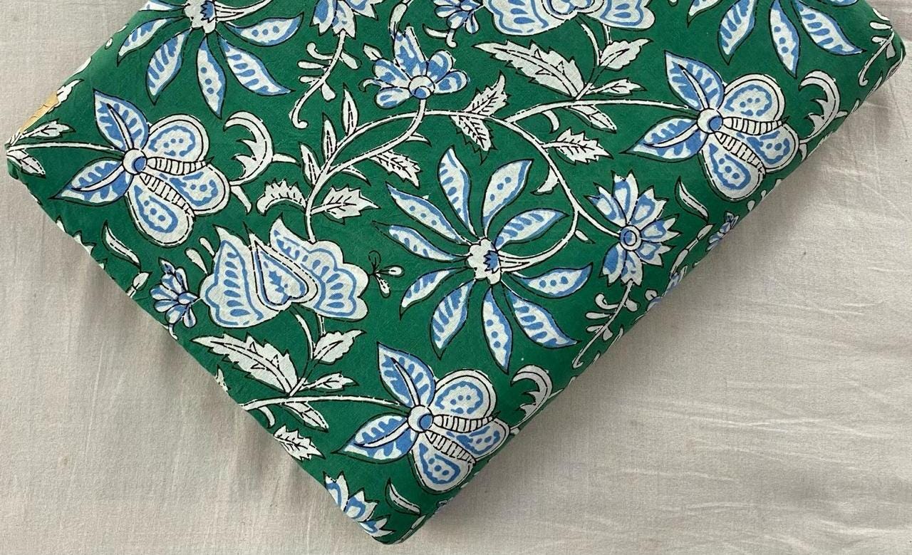 Green Floral Block Print Cotton Fabric, Blue White Hand Printed Indian Cotton, Fabric by The Yard, Soft Lightweight Sewing Quilting Fabric