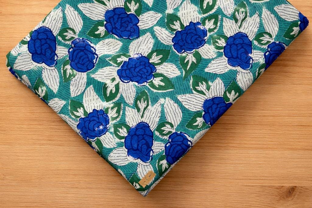 Blue Floral Printed Cotton Fabric by The Yard | Soft Lightweight Sewing Cloth for Dressmaking | Loose Running Fabric