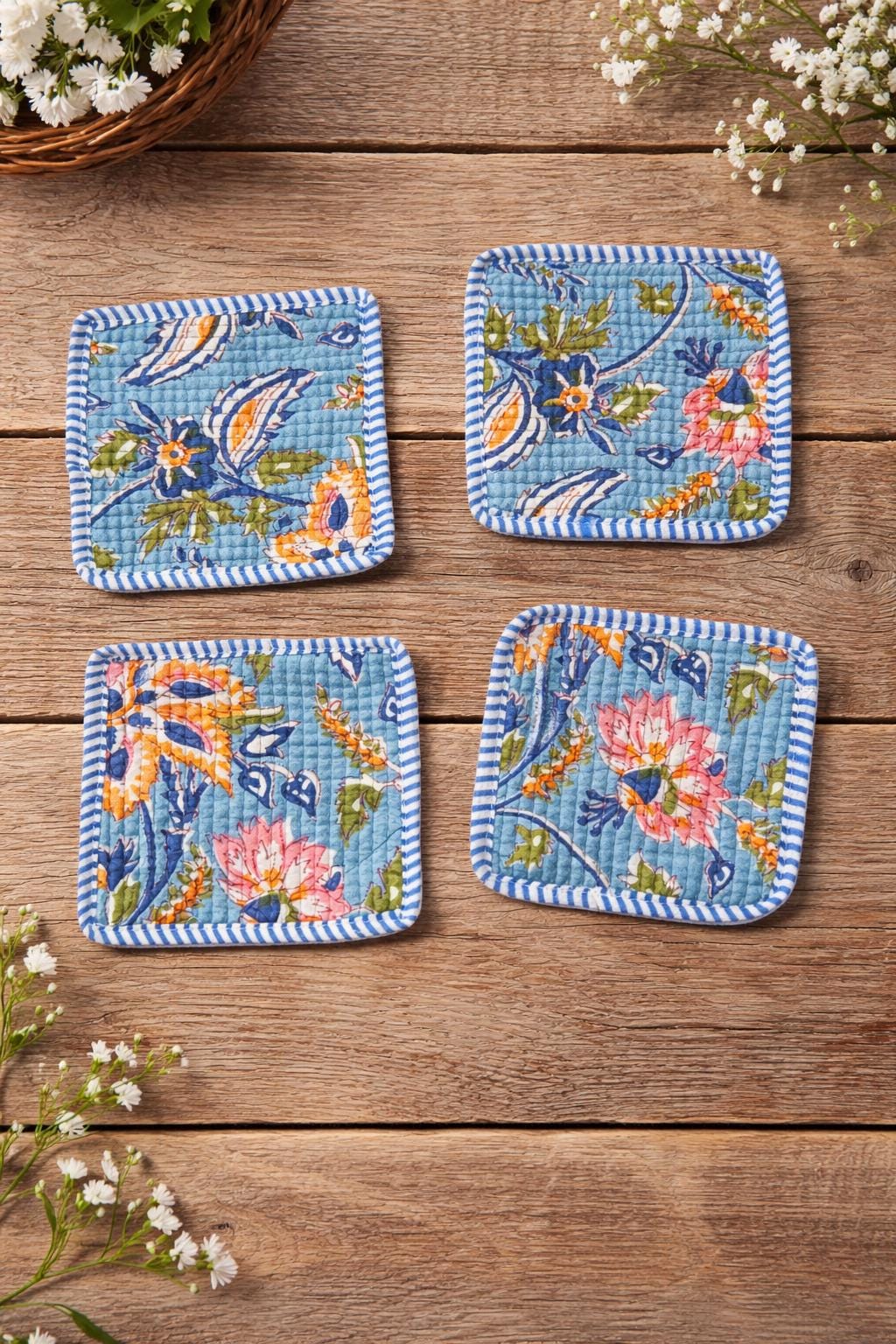 Floral Cotton Tea Coaster Set, Hand Block Print Blue Coasters, Quilted Fabric Drink Coasters, Reusable Table Decor, Housewarming Gift