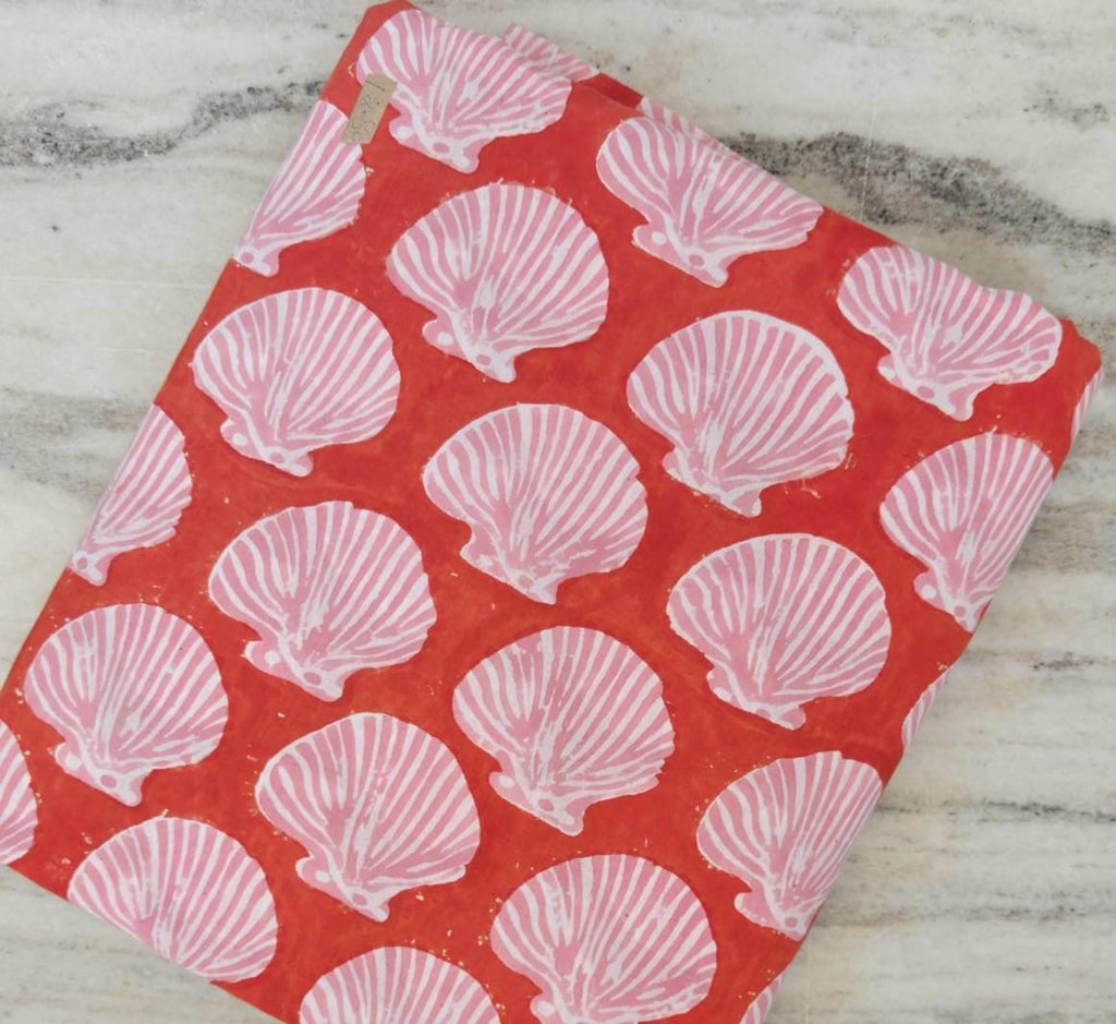 Coral Pink Seashell Block Print Cotton Fabric, Coastal Nautical Shell Fabric, Beach Theme Indian Cotton Fabric, Sewing Craft Fabric by Yard