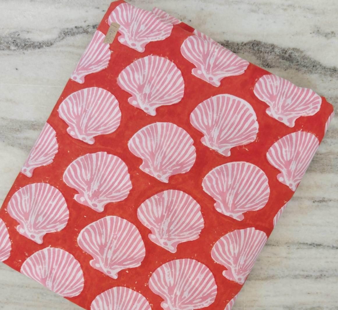 Coral Pink Seashell Block Print Cotton Fabric, Coastal Nautical Shell Fabric, Beach Theme Indian Cotton Fabric, Sewing Craft Fabric by Yard