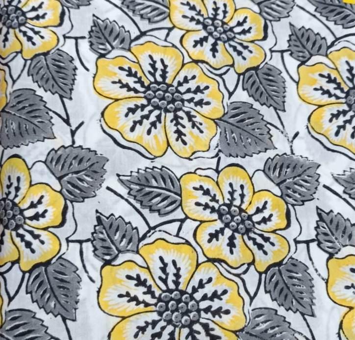 Yellow and Green Cotton Fabric. Soft Cotton, Indian Hand Block Print Fabric, Floral 100% Cotton Fabric By The Yard, Fabric for Loose Running