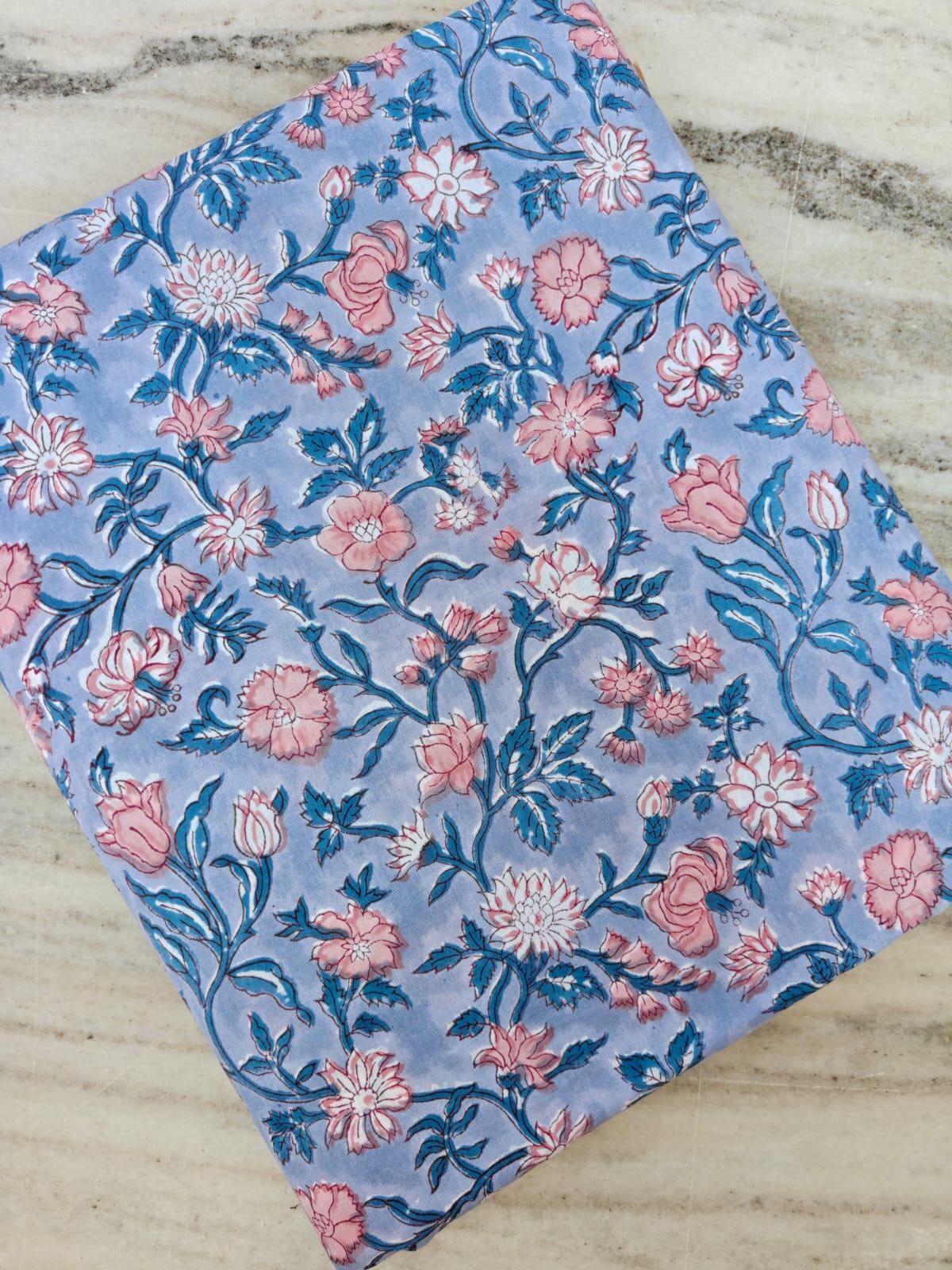 Blue Floral Cotton Fabric, Indian Block Print Fabric, Pink Flower Cotton Fabric, Botanical Vine Fabric, Quilting Fabric, Dressmaking Cotton