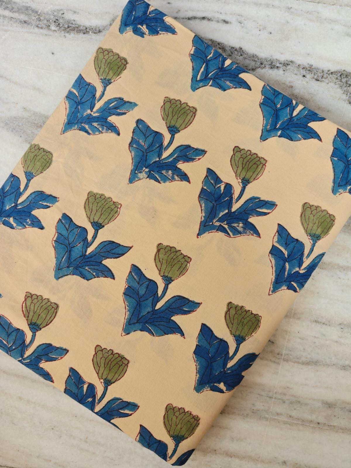 Hand Block Print Blue Leaf Green Bud Pattern Fabric, Beige Floral Cotton Fabric, Indian Cotton Fabric by the Yard, Fabric For Dress Making