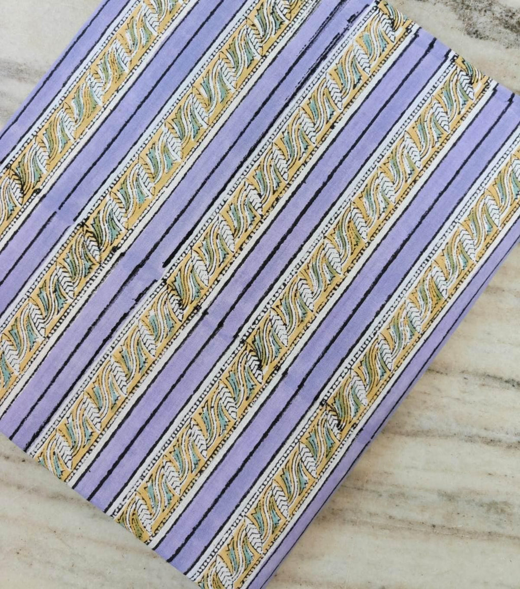 Lavender Striped Cotton Fabric, Hand Block Print Indian Fabric, Yellow Blue Stripe Textile, Soft Cotton Yardage, Dressmaking Craft Fabric