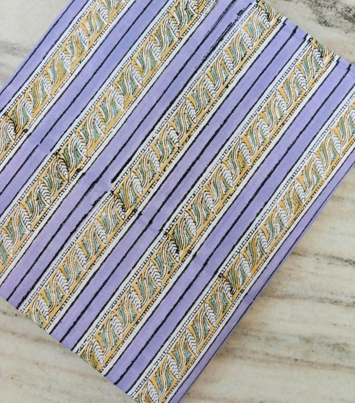 Lavender Striped Cotton Fabric, Hand Block Print Indian Fabric, Yellow Blue Stripe Textile, Soft Cotton Yardage, Dressmaking Craft Fabric