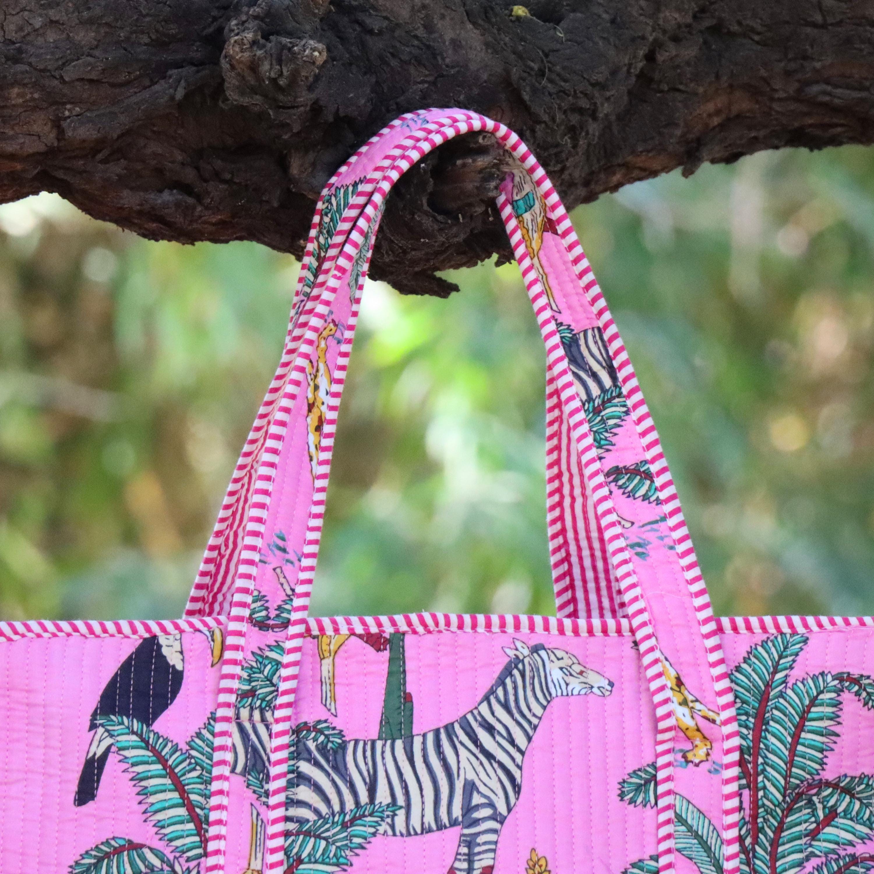 Pink Jungle Safari Print Bags, Handmade Quilted Tote Bag, Cotton Quilted Tote Bag, Indian Bags Shopping Bags, Beach Bag, Shoulder Bags Gifts