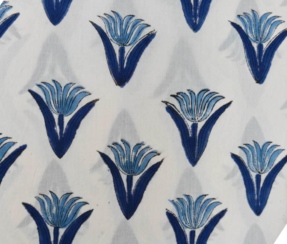 Blue Floral Cotton Fabric, Indian Block Print Fabric, Blue White Flower Print Cotton, Hand Block Floral Fabric, Sewing Dress Making Fabric