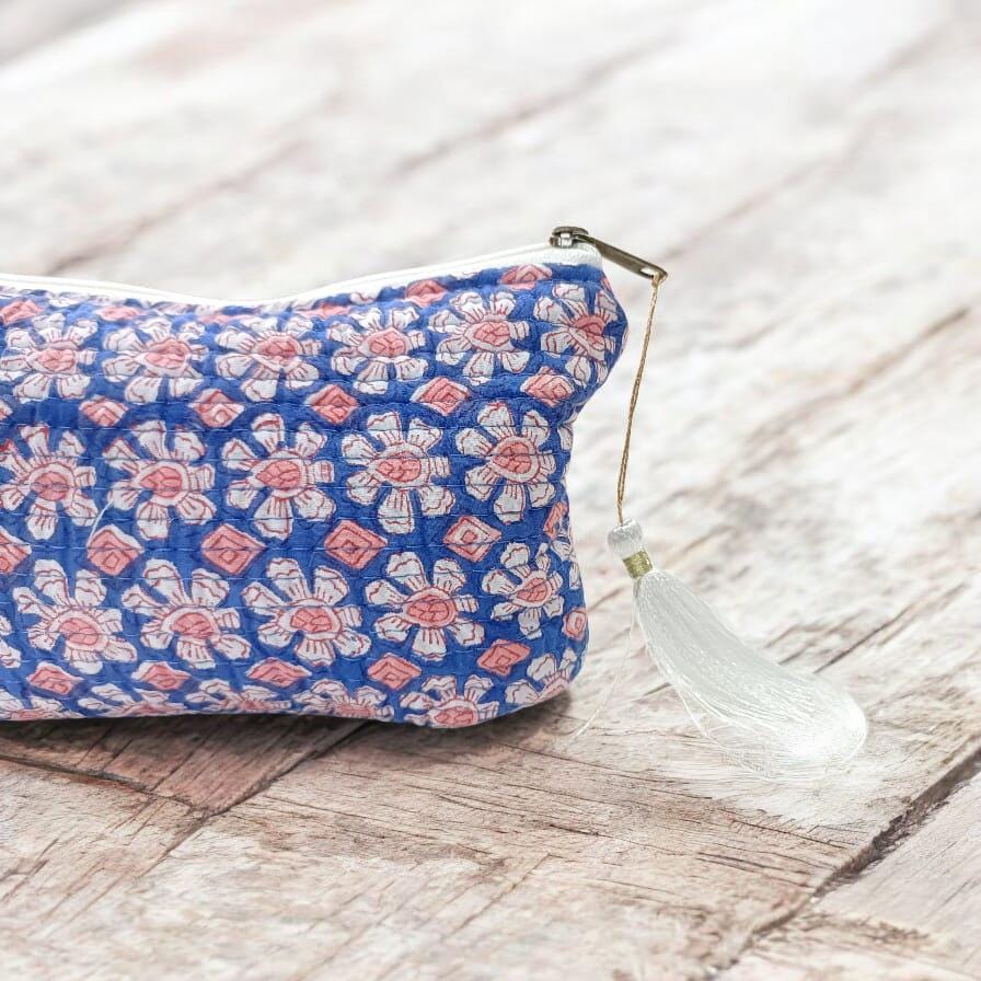 Quilted Floral Pouch | Handmade Zipper Bag with Tassel | Small Cosmetic Bag | Travel Makeup Pouch | Gift for Her | Personalised Gifts