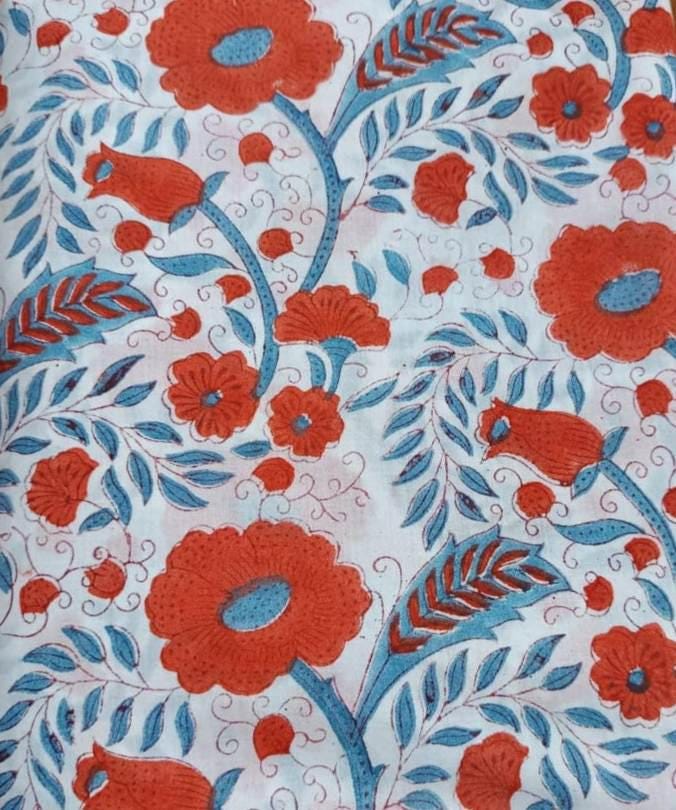 Red Blue Floral Cotton Fabric | Hand Block Print Fabric by Yard | Soft Cotton for Quilting, Dressmaking | Home Decor Fabric | Running Fabric