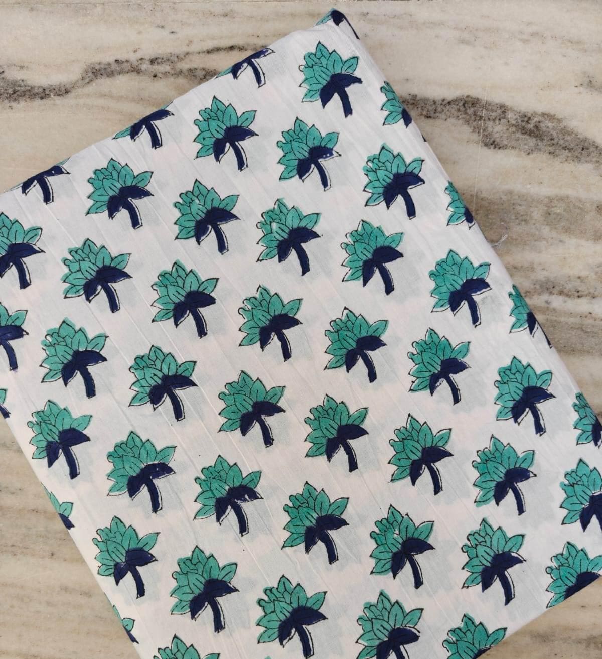 Hand Block Print Cotton Fabric, Floral Buti Indian Cotton Fabric, Blue Green Flower Print Fabric Soft Cotton Dressmaking Fabric Craft Fabric