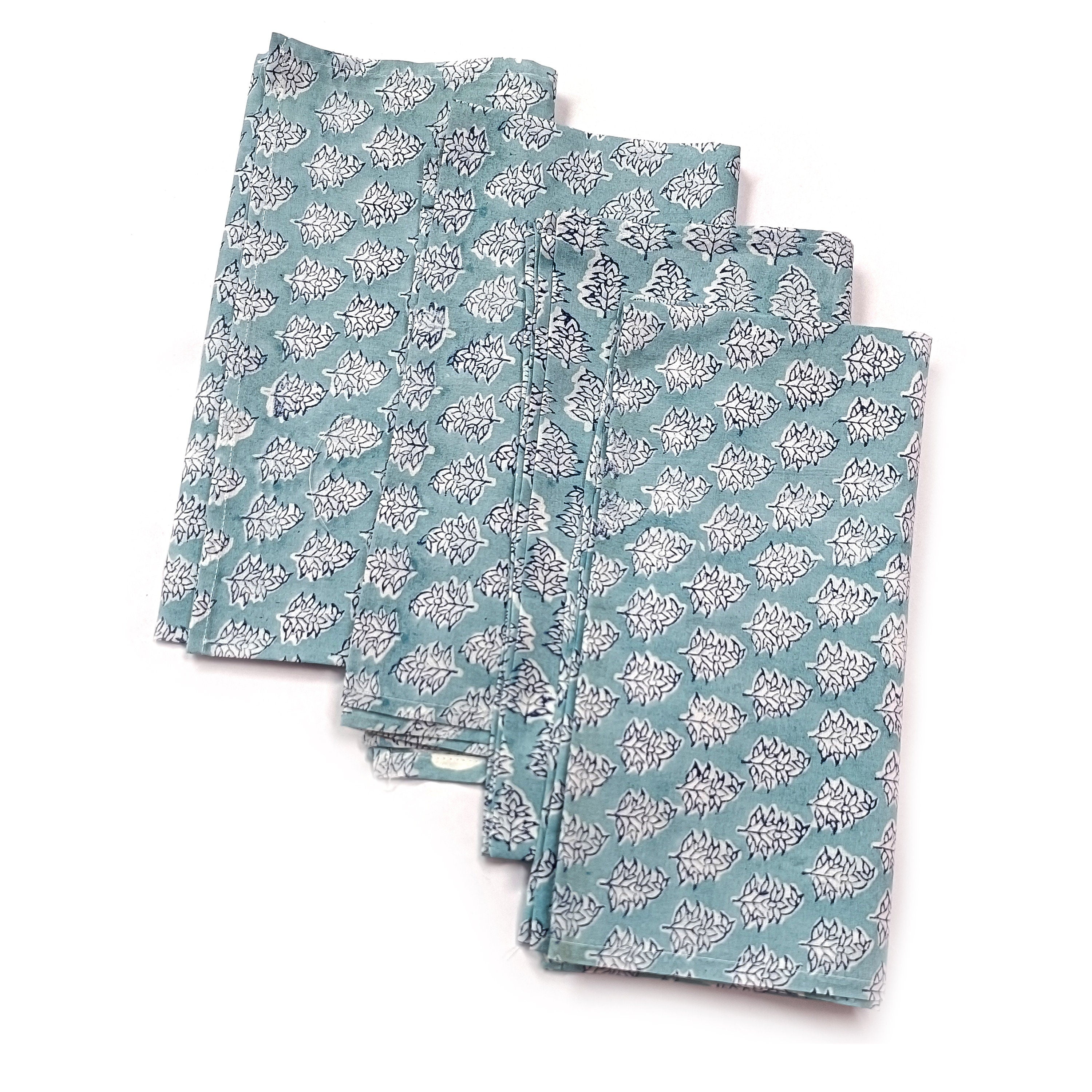Hand Block Print Cotton Napkin Set, Blue Floral Cloth Napkins, Eco Friendly Reusable Dinner Napkins, Boho Table Linen, Sustainable Kitchen Decor, Set of 4