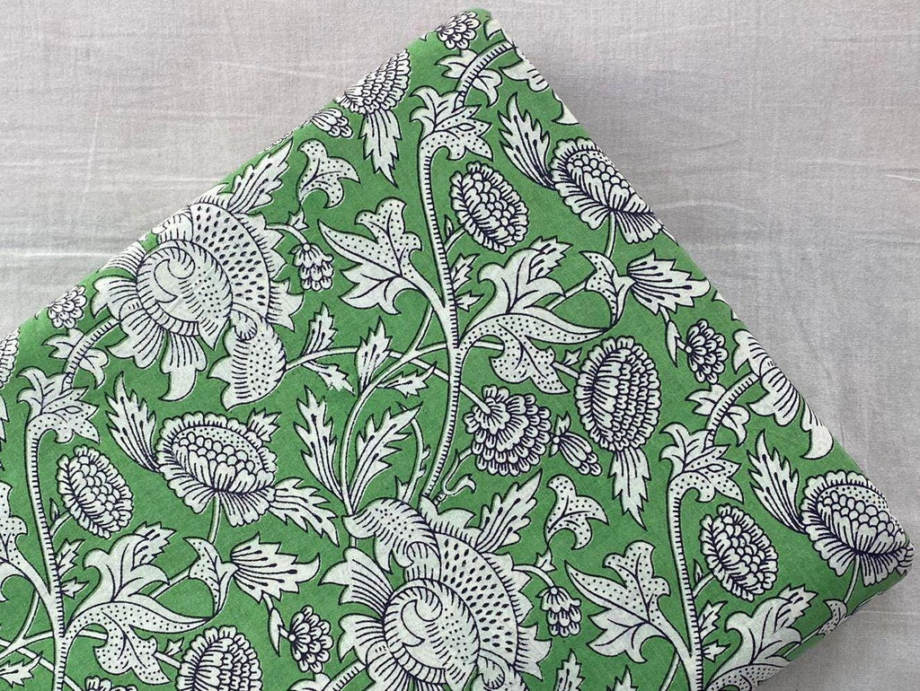 Green Floral Cotton Fabric | Hand Block Print White Flower Pattern | Indian Soft Cotton by the Yard | Sewing, Quilting, Dressmaking Material