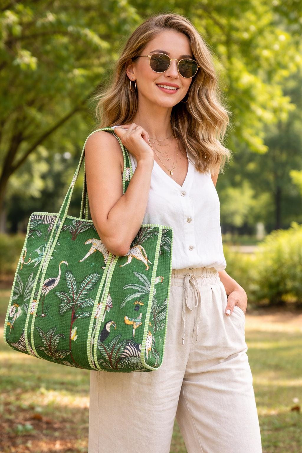 Green Jungle Print Quilted Tote Bag, Handmade Cotton Block Print Shoulder Bag, Large Fabric Shopper, Reusable Market Bag, Safari Animal Tote