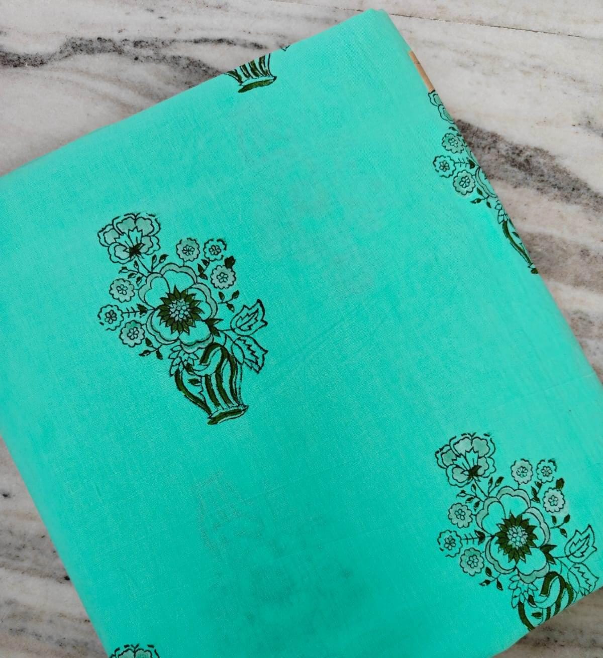 Hand Block Printed Cotton Fabric, Turquoise Floral Bouquet Print, Indian Cotton Fabric, Soft Lightweight Fabric for Dressmaking Quilting