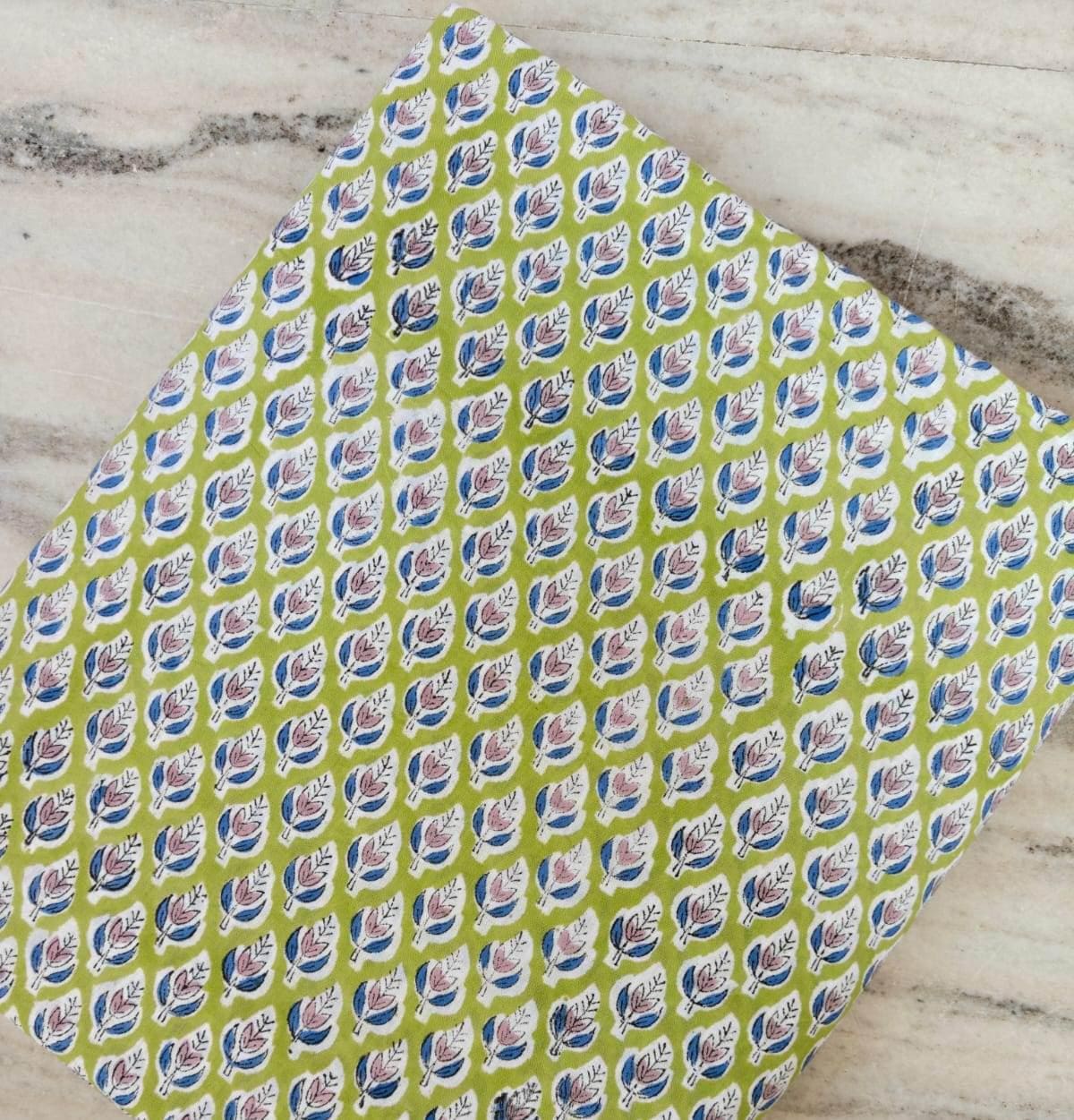 Lime Green Floral Block Print Cotton Fabric, Small Blue & Pink Buti, Indian Hand Block Print Fabric, 100% Cotton Quilting Fabric By The Yard