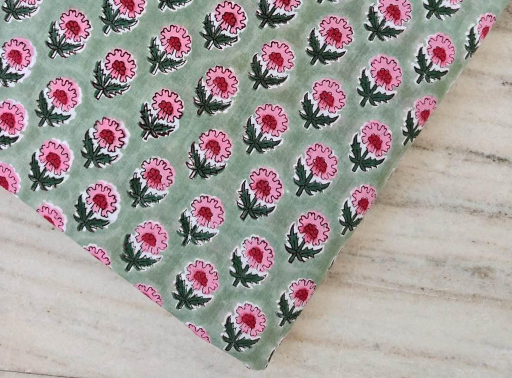 Pink Green Block Print Cotton Fabric | Floral Stripe Printed Fabric by the Yard | Soft Cotton for Sewing, Quilting, Dressmaking, Crafts