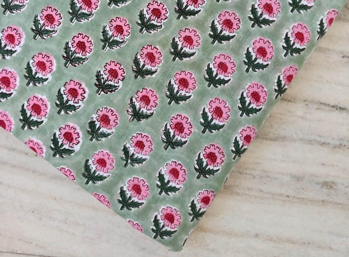 Pink Green Block Print Cotton Fabric | Floral Stripe Printed Fabric by the Yard | Soft Cotton for Sewing, Quilting, Dressmaking, Crafts