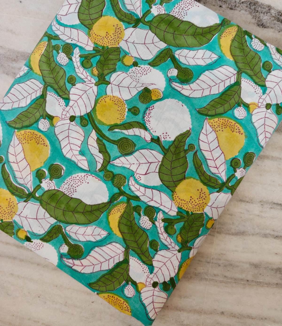 Lemon Print Cotton Fabric, Fruit Cotton Fabric by The Yard, Green Leaf Summer Fabric, Block Print Cotton Fabric Dress Making, Textile Fabric