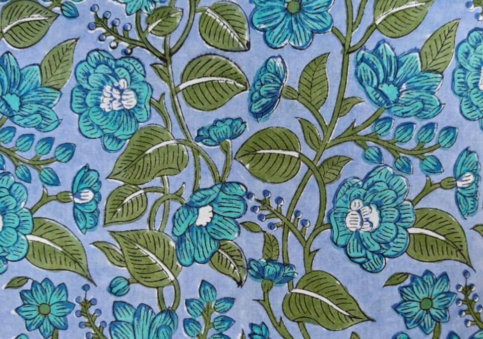 Blue Floral Cotton Fabric, Lightweight Quilting Fabric, Soft Block Print Fabric by the Yard, Dressmaking Fabric, Blue Flower Pattern Textile