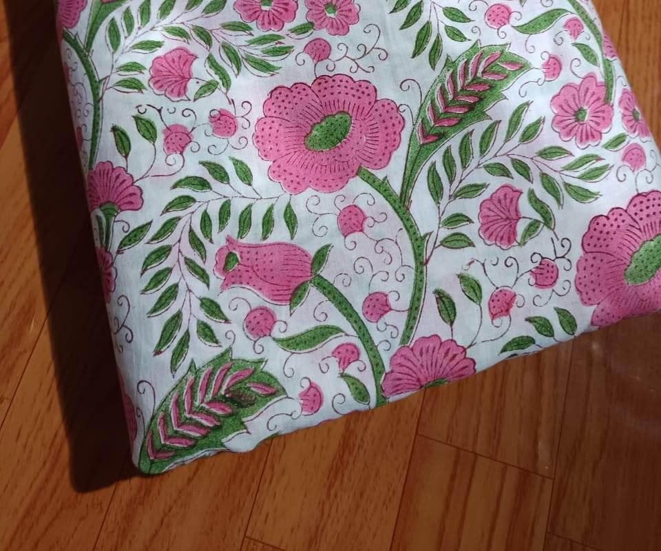 Pink Green Designer Hand Block Print Fabric, Floral 100% Cotton Quilting Fabric By The Yard, Fabric For Dress Making, Loose Running Fabric
