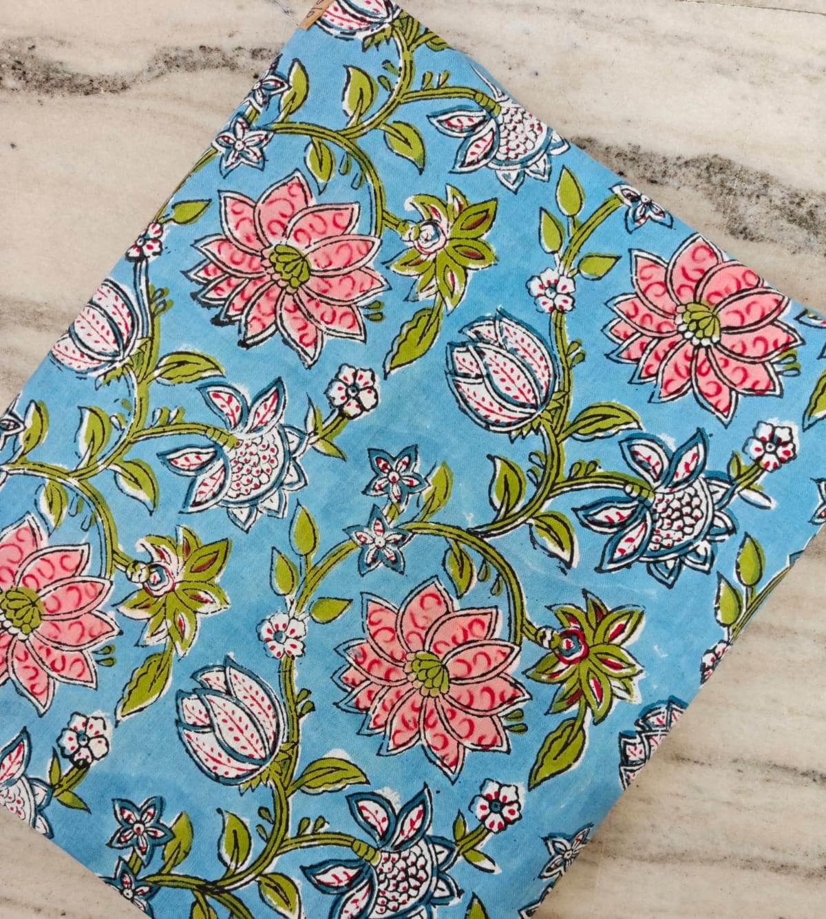 Blue Floral Cotton Fabric, Indian Block Print Fabric, Pink Lotus Flower Cotton by Yard, Hand Block Printed Fabric, Sewing Dressmaking Fabric