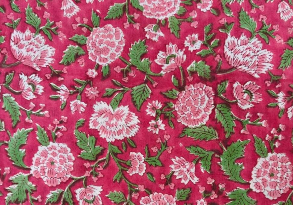 Pink Floral Cotton Fabric by the Yard, Hand Block Print Fabric, Quilting, Sewing, Dressmaking, Cushion Covers, Indian Cotton Fabric