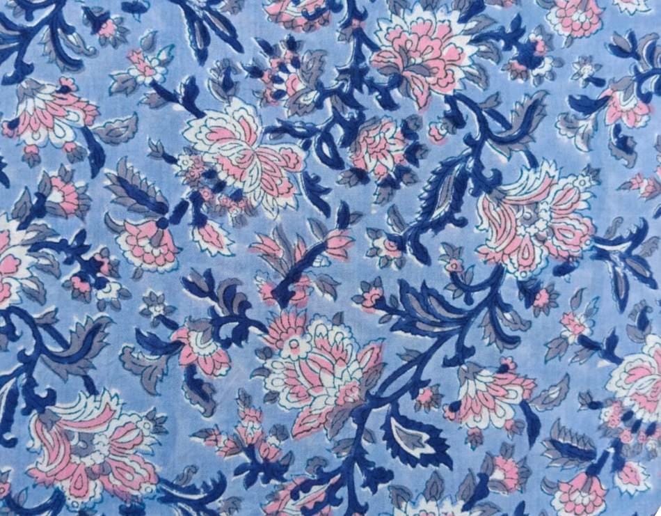 Blue Indian Hand Block Print Fabric, Soft Floral 100% Cotton Quilting Fabric By The Yard, Fabric For Dress Making, Loose Running Fabric