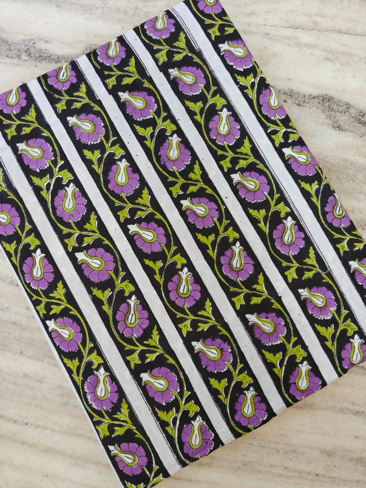 Black Striped Floral Cotton Fabric, Indian Block Print Fabric, Purple Green Boho Fabric, Soft Cotton for Sewing, Quilting, Dressmaking