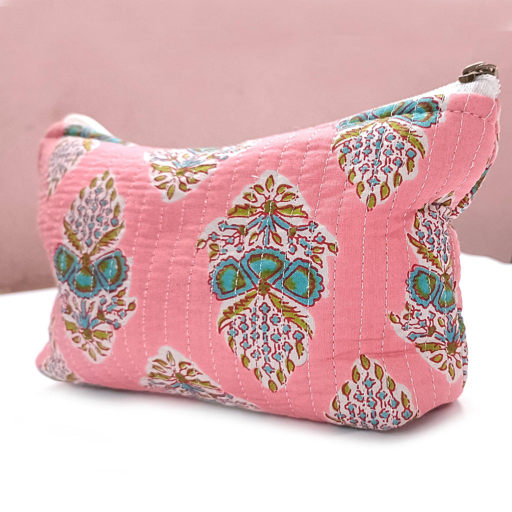 Pink Floral Quilted Pouch: Cotton Makeup Cosmetic Bag