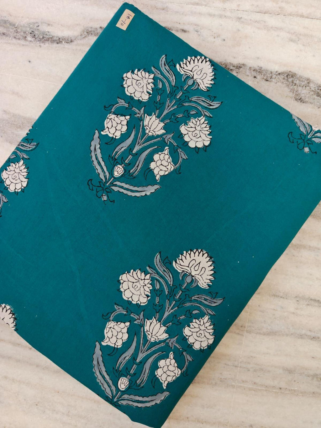 Teal Floral Cotton Fabric, Indian Block Print Fabric, Hand Block Style Fabric by the Yard Boho Floral Fabric for Sewing Quilting Dressmaking