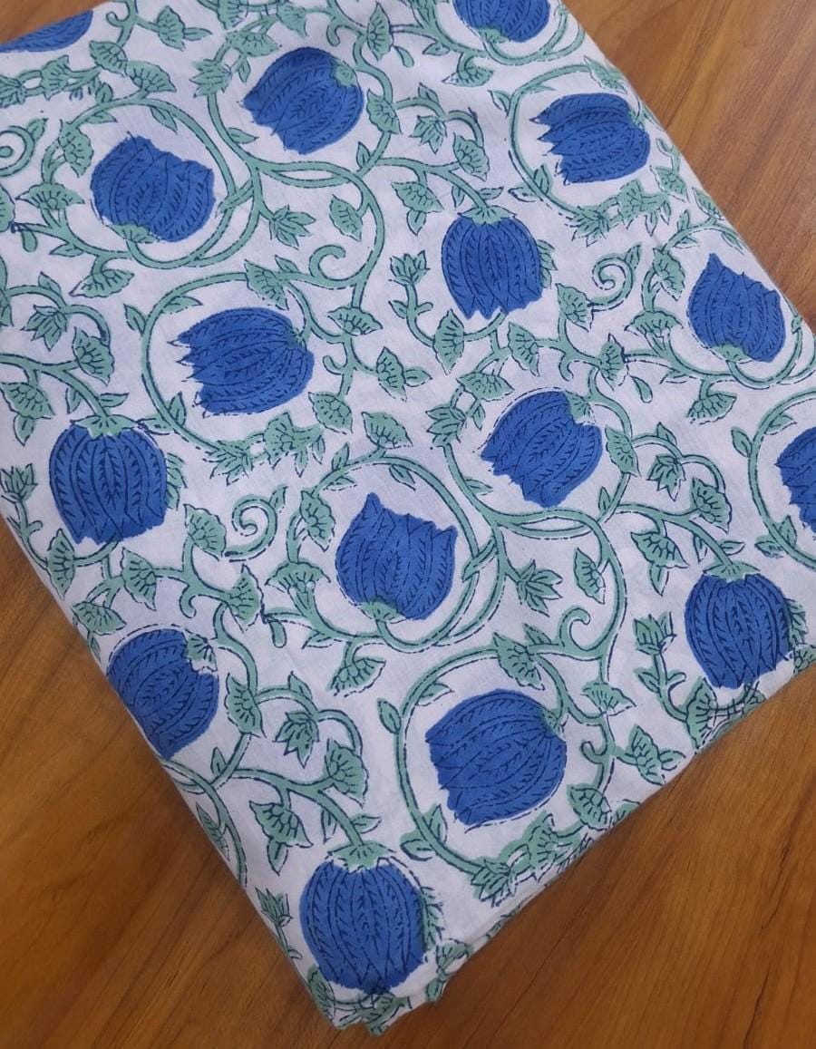 Soft Blue Floral Hand Block Print Cotton Fabric, Indian Cotton Fabric by Yard, Botanical Vine Print Fabric, Quilting Dressmaking Fabric