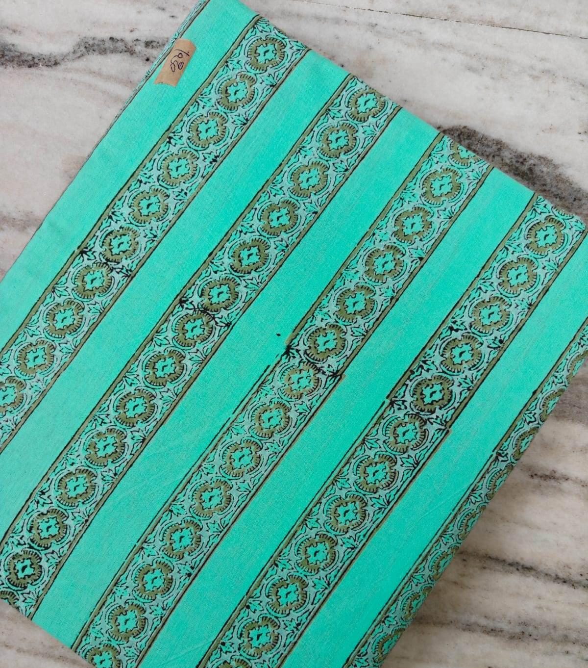 Hand Block Printed Cotton Fabric, Turquoise Floral Stripe Fabric, Indian Cotton Textile, Dressmaking Quilting Fabric, Fabric By The Yard