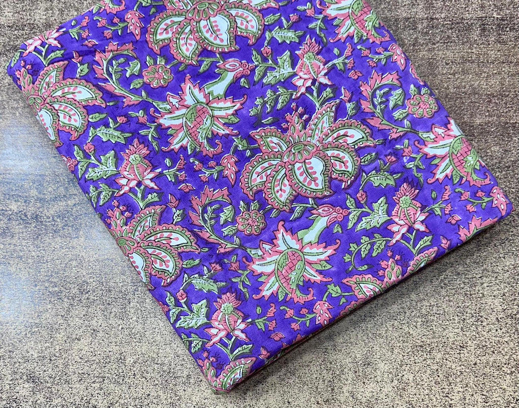 Purple Floral Hand Block Print Cotton Fabric, Indian Block Printed Fabric by Yard, Boho Flower Cotton Fabric for Dressmaking, Quilting