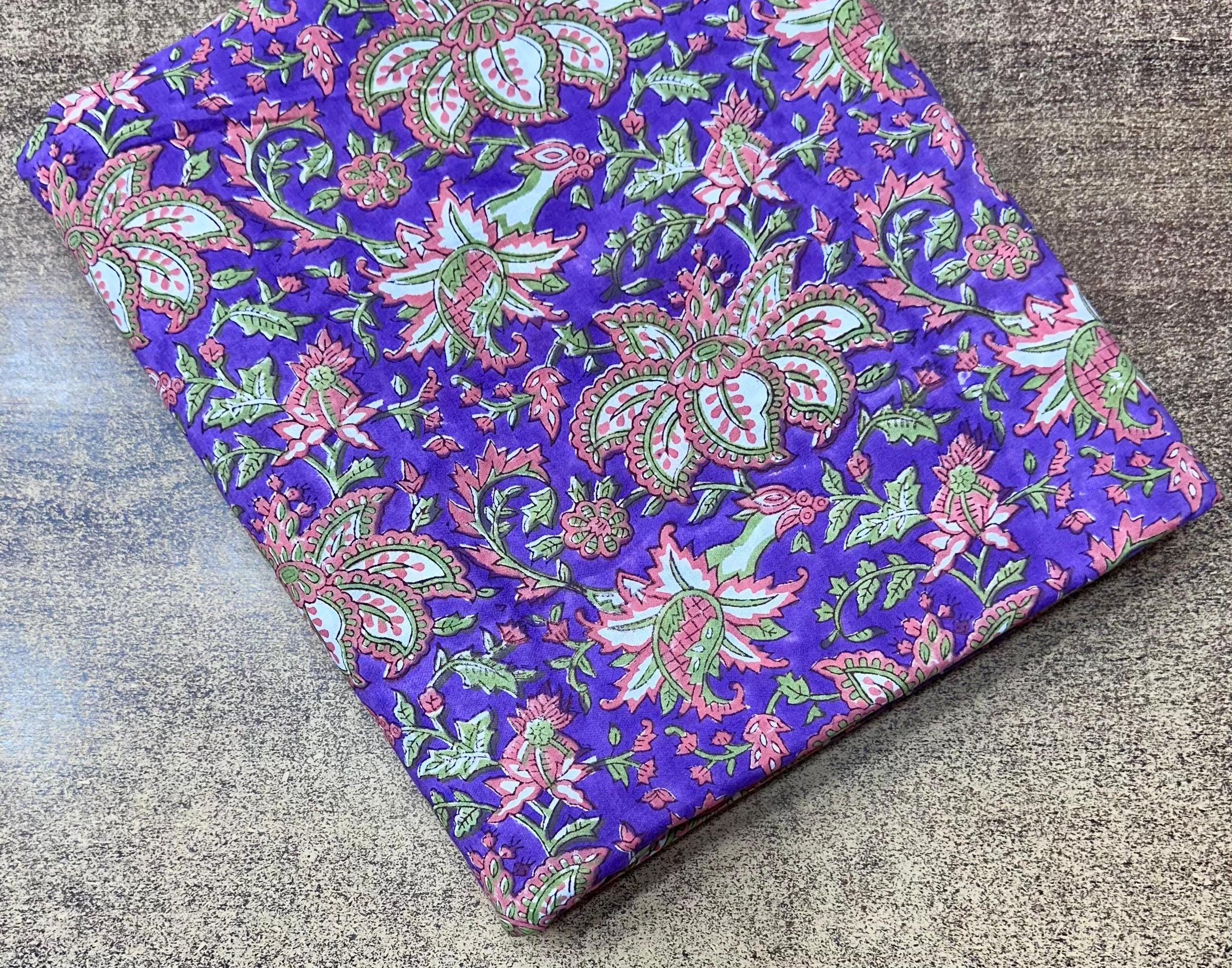 Purple Floral Hand Block Print Cotton Fabric, Indian Block Printed Fabric by Yard, Boho Flower Cotton Fabric for Dressmaking, Quilting
