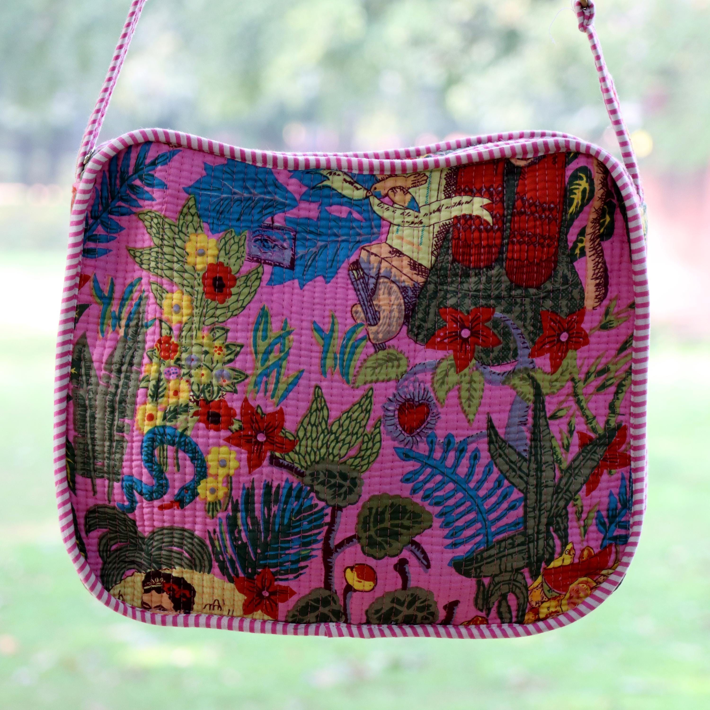 Handmade Quilted Crossbody Bag, Pink Cotton Sling Purse, Folk Art Print Shoulder Bag, Lightweight Boho Everyday Bag, Adjustable Strap