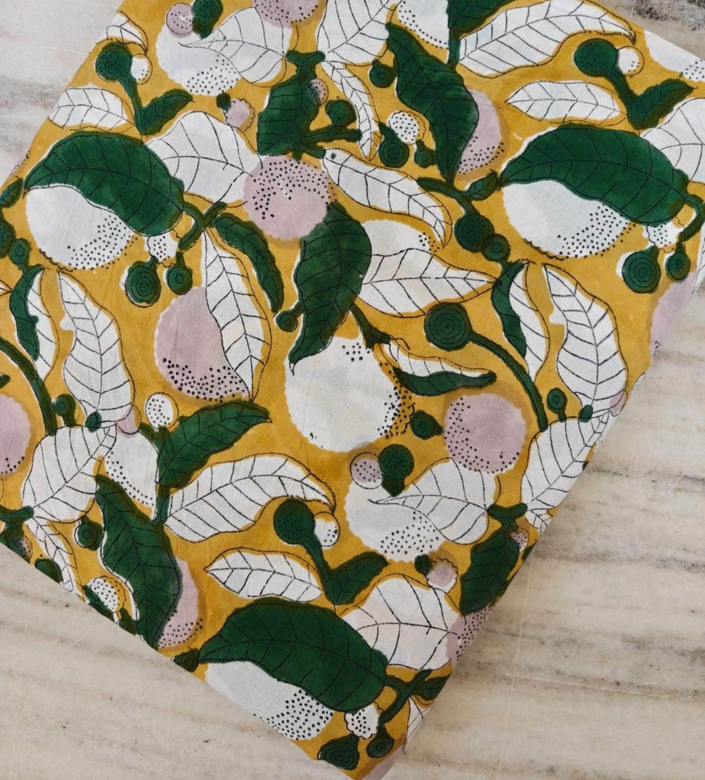 Yellow Lemon Indian Hand Block Print Fabric, Fruit Print Fabric by Yard, Green Leaf Cotton Fabric 100% Cotton Quilting Dressmaking Fabric