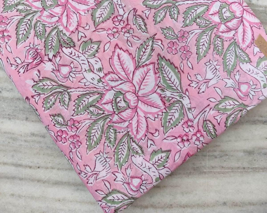 Pink Floral Cotton Fabric by the Yard, Hand Block Print Fabric with Green Leaves, Soft Indian Cotton for Sewing & Quilting, Textile Fabric