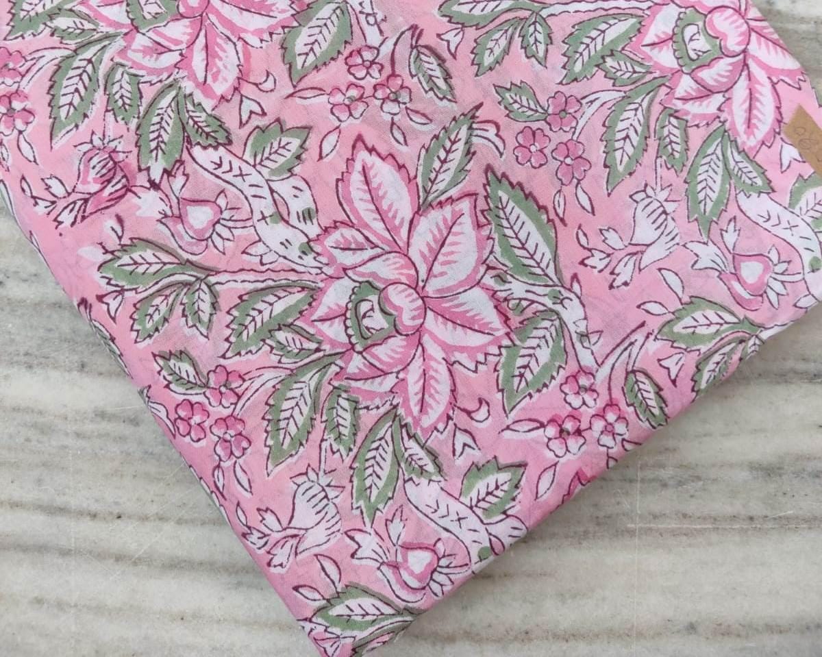 Pink Floral Cotton Fabric by the Yard, Hand Block Print Fabric with Green Leaves, Soft Indian Cotton for Sewing & Quilting, Textile Fabric