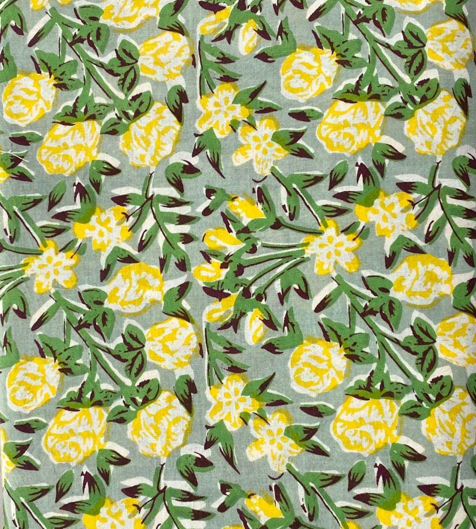 Yellow Floral Cotton Fabric | Hand Block Print Green Leaf Pattern | Soft Indian Cotton by the Yard | Sewing, Quilting, Dressmaking Fabric