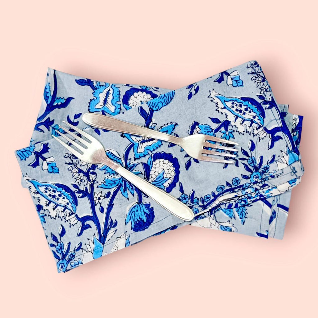 Blue Floral Hand Block Printed Cotton Napkins: Indian Dining Decor, Set of 4