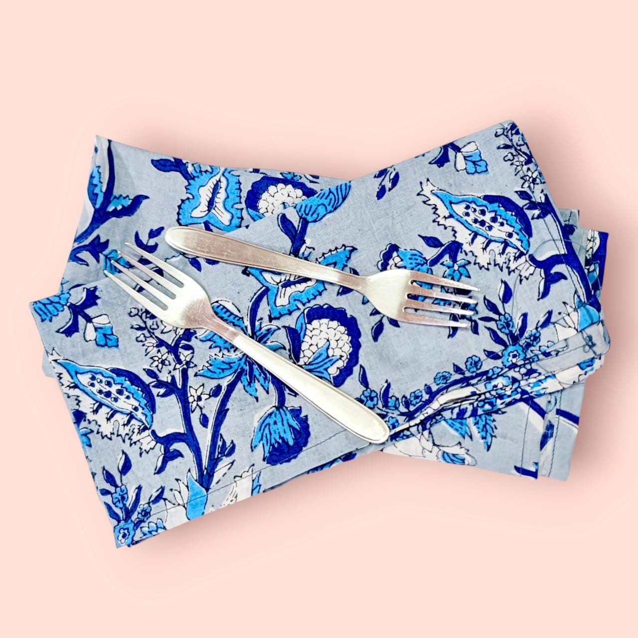 Blue Floral Hand Block Printed Cotton Napkins: Indian Dining Decor, Set of 4